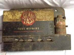 Bowes Sealfast inner wall mounting tube repairs box c/w patches and glue tin, original condition