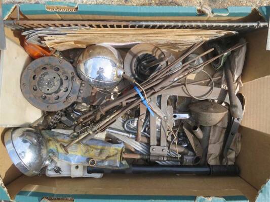 Box of automobilia inc' car horn, valve spring compressor, chrome lamp, gaskets, oil filter wrench, dipsticks etc