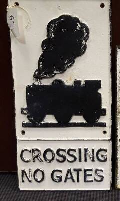 Crossing No Gates, a cast pictoral railway crossing road sign (repro)