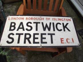 London Borough of Islington Bastwick Street EC1, a two colour aluminium street nameplate