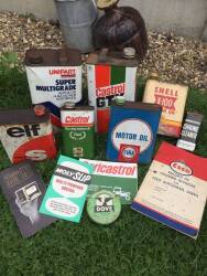 Qty of oil cans including Shell, Fina, Elf, Castrol GTX t/w some literature