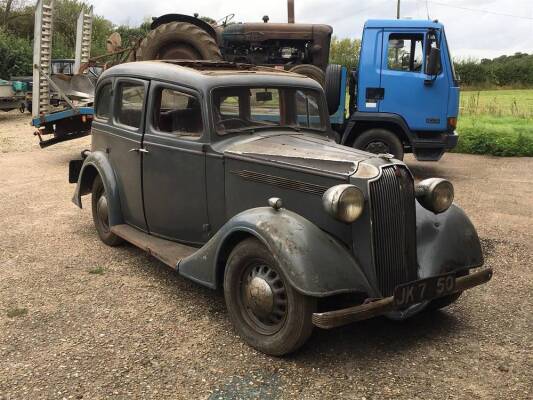 1937 Vauxhall DX14 four door saloon Reg. No. JK 7250 Chassis No. 720016 In need of restoration but running and driving, ex John Keeley sale and just 2 former owners, a number of old V5 copies and current V5C document are supplied.