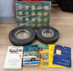 Two tyre advertising ash trays, motorists diaries etc and collection of Bonaparte coins from Total
