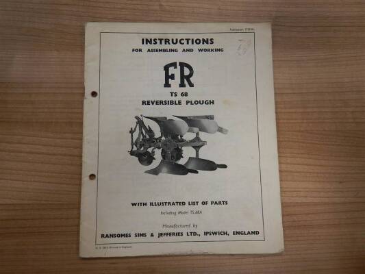 Ransomes TS68 reversible plough illustrated list of parts
