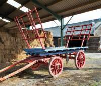 Vintage horse drawn hay wain c/w brass hub caps and braker slipper, finished in blue over red