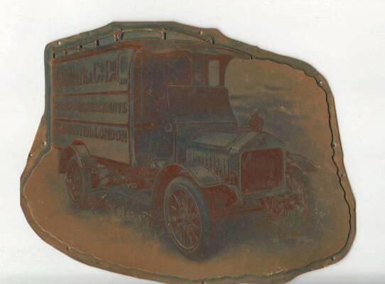 Belsize, red, yellow and black copper printers plates depicting c1912 30cwt van liveried for John Mark and Co. 7.5ins long