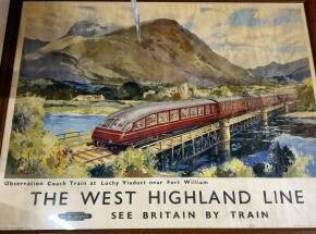 The West Highland Line, an original British Railway poster by Jack Merriot (framed and glazed) depicting Observation Coach Train at Lochy Viaduct near Fort William