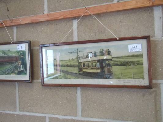 C Hamilton, 2 original framed and glazed railway carriage prints representing Burton & Ashby Light Railway electric tram and Midland Railway Manchester Express pulled by New Compound locomotive No.1000