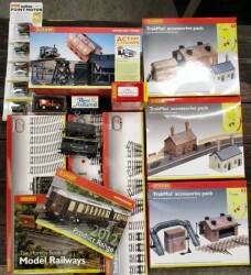 Hornby 00; Trakmat accessories packs 1,2&3, Track packs C,D,E Action Accessories R8132 tipper, point motors R8014 (5) all new boxed unused t/w rolling stock