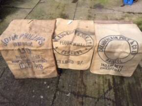 Large vintage hessian sacks (5) and one small 'Coffee Beans' sack