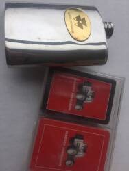 Massey Ferguson hip flask and 2 decks of Massey Ferguson tractor cards