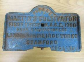 Martin's cultivator first prize R.A.S.E 1900, cast iron plate