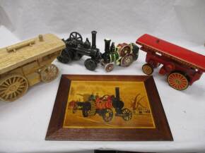 Traction engine models (wood and ceramic) t/w marquetry image