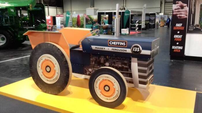 Massey Ferguson 135, a near life size model of laminated card construction bearing Cheffins new branding, a unique model and a highly desirable addition to any collection!