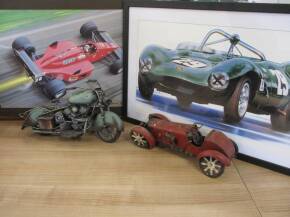 Vintage style tinplate car and motorcycle t/w 2no. framed racing racing car prints