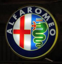 Alfa Romeo, a forecourt double sided circular illuminated sign of perspex and steel bearing the marque logo, 34ins dia'