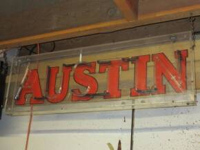 Austin, an original dealers showroom hanging neon sign in a clear perspex box, 35x12x2ins