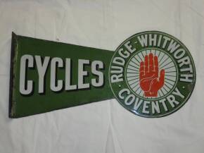 Rudge-Whitworth, Coventry, Cycles; a rare 'comet' shaped double sided enamel sign depicting the Rudge hand, 25x12ins