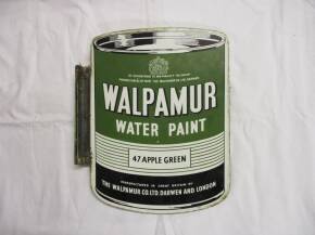 Walpamur/Duradio, a double sided wall mounting enamel sign in the form of a paint can, uncommon. 12x15ins
