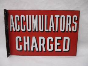 Accumulators Charged, a double sided enamel sign with flange, 18x12ins