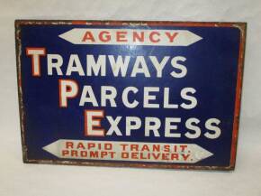 Tramways Parcel Express, a double sided enamel sign with flange 18x12ins