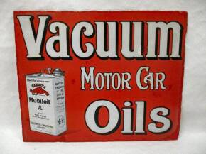 Vacuum Motor Car Oils, a double sided enamel sign (flange absent) illustrated with Gargoyle Mobiloil can, restoration to the edges 20x16ins