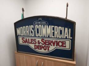 Morris-Commercial Sales and Service Department, a garage hanging illuminated sign c1920s of tin construction with the glass panels held by wooden beading. The rear glass cracked otherwise fine and in working order. Exceedingly rare. 36x24x9ins