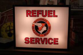 National Benzole Mixture Refuel Service, a double sided hanging illuminated sign, the original steel case re-glazed c1986 with screen printed glass 31x25x7ins, working.