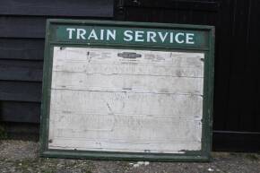 British Railways Train Service notice board c/w enamel header board, wooden construction 51x41ins