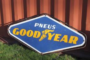 Goodyear Pneus, a double sided diamond form printed tin sign in hanging frame 61x31ins