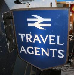 British Rail Travel Agents, a shield shaped double sided wall mounting illuminated sign by Burnham & Co, 33x32ins overall