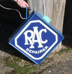 RAC Repairer, a double sided hanging illuminated sign of diamond form with Perspex panels, 34x30ins