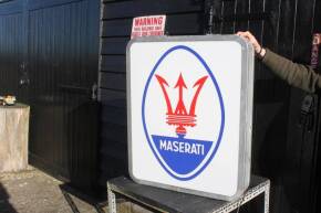 Maserati, a double sided hanging illuminated sign, ex Beaulieu village garage showroom, vinyl on perspex 37x30ins