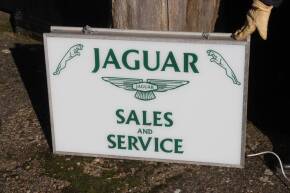 Jaguar Sales and Service, a double sided hanging illuminated showroom sign, c1980s ex-Goodwood Revival Jaguar set, 36x24x4.5ins