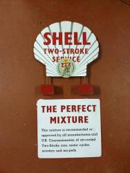 Shell Two-Stroke Service, a counter top enamel sign 14x12ins t/w The Perfect Mixture, a printed aluminium sign, 11x12ins (2)