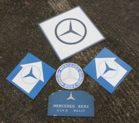 Mercedes-Benz, 5 printed tin signs, Rally, direction signs etc