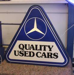 Mercedes-Benz, Quality Used Cars, dealers forecourt double sided, wall mounted illuminating sign of triangular form, 820 x 1000mm, working order