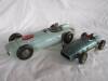 Mercedes-Benz tinplate friction drive monoposto racer, 15ins long marked Made In France t/w another Made In 'Western Germany' tinplate W196 style racer lacking a front wheel, 10ins long