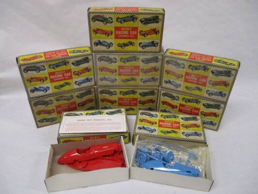 Merit Racing Car Assembly Kits 1956 Lotus MkXI, 1956 Cooper 500, 1956 Aston Martin DB35 (x2), 1956 GP Ferrari, 1952 Gordini GP, 1956 GP Connaught, 1956 GP Maserati, 1948 Maserati; 4 CLT (9 boxed and unassembled)