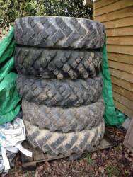 Set of 5 12x20 lorry tube type tyres with chevron tread, believed ex-Russian Army