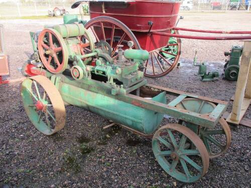 Ruston Hornsby PB 3bhp hopper cooled horizontal, twin flywheel petrol engine t/w a twin cylinder pump unit, trolley mounted, Serial No. 253894