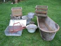 Tin bath, cold box, pots and wooden crates