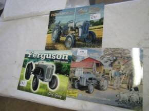 Ferguson, 3 printed tin signs of a 1941 Model F, TE20 and FE35 grey gold