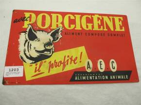 1950s Porcigene Hans painted tin display sign