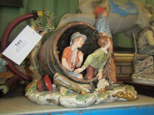 Capodimonte 'La Burla' depicting boys in barrel 15.5x15x12ins