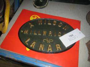 Cast iron oval plaque 12x9ins A. Wilson. Millwright, Lanark t/w Lister name plate (2)