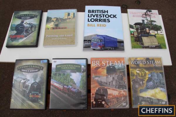 Various volumes to inc; Traction engine museum guide by Barrie C Woods, British Livestock Lorries by Bill Read, Farming Our Land DVD and 3 various steam railway DVDS