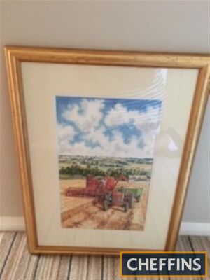 Steven Binks original framed water colour painting 'Harvesting at Lamarsh' Painted for 'Country Cards' of Scotland in 2003, a watercolour painting showing the Artists own Massey Ferguson Combine, a 1959 "780 Special" and a 1963 Massey Ferguson "65" Tracto