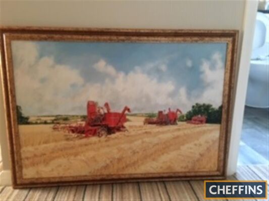 Steven Binks original framed oil painting on canvas Chasing the Past. Painted in oil on canvas in the autumn of 2008, the scene at Creeting St Mary, Suffolk, shows a trio of  combines.