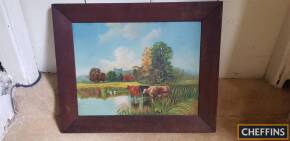 Cattle in water meadows painting